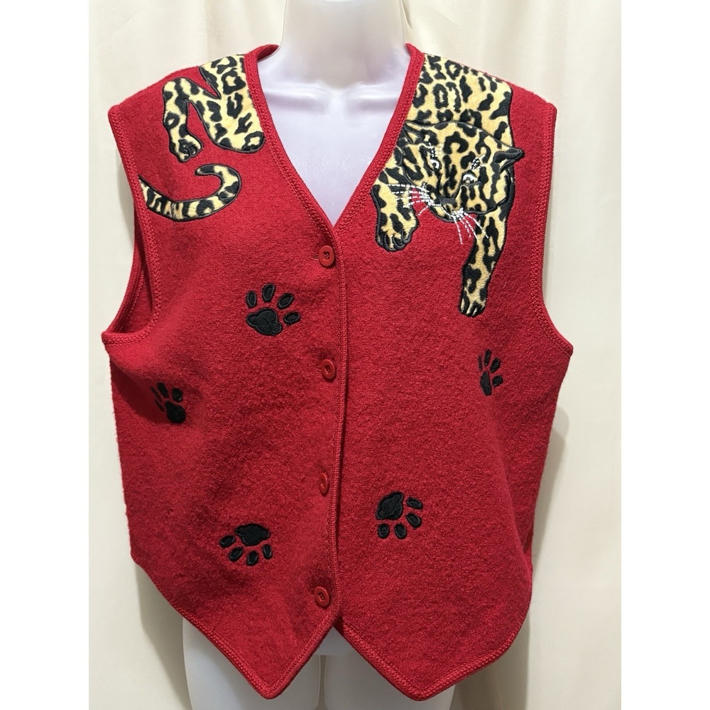 LISA INTERNATIONAL Vest Red Leopard paws 100% Boiled Wool Size L